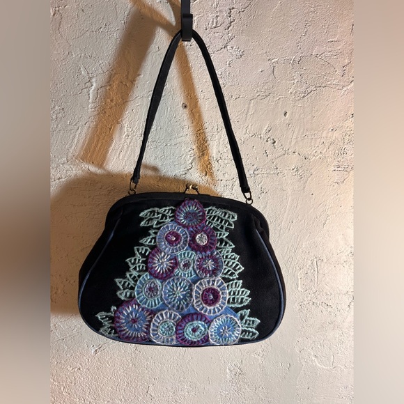 Black Suede Bag Vintage LULU GUINESS Purple Blue Floral embroideried needlepoint